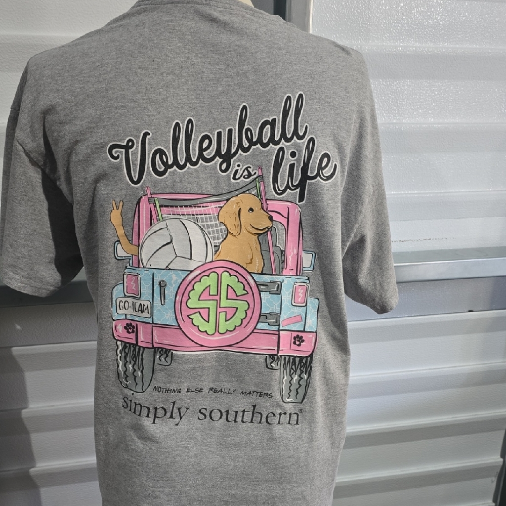 Simply Southern Gray T-Shirt with‎ Pink Jeep & Dog Graphic Volleyball Life Large